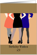 Birthday for girl triplets, Three sisters in pretty dresses and stilettos card