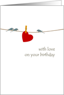 Birthday Red Heart Pegged To Clothesline Little Birds Perched On card