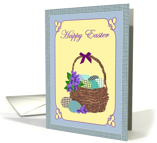 Easter Dyed Eggs in a Basket Decorated with Violets and a Bow card