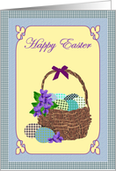 Easter Dyed Eggs in a Basket Decorated with Violets and a Bow card