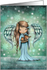 Sweet Angel Holding Fawn in Falling Snowflakes Happy Holidays card