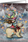 Little Christmas Elf Girl Riding Polar Bear Happy Holidays card