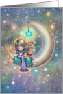 Cute Little Girl with Kitty on Crescent Moon Thinking of You card