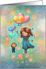 Two Year Old Birthday Little Girl with Kitty and Heart Balloons card