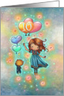 Ten Year Old Birthday Little Girl with Kitty and Heart Balloons card