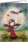 Little Vampire with Flying Cat Halloween Art card
