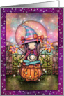 Blushing Moon Halloween Witch with her Kitten card