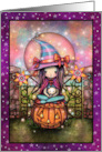 Blushing Moon Halloween Witch with her Kitten card