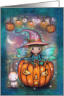 Little Witch Fairy in Jack-o-Lantern with Cat Friend card