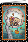 Cute Owl and Girl in Owl Mask Halloween Art card