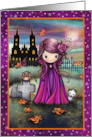 Violet Little Vampire with Haunted House Owl and Cat card