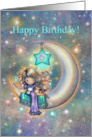 6 Year Old Girl Birthday Little Girl on Moon with White Kitten card