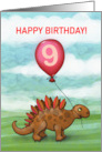 9th Birthday Dinosaur with Red Balloon Cute Art card
