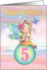 5 Year Old Happy Birthday Fairy with Orange Tabby Kitten and Butterfly card
