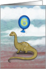 6 Year Old Birthday Card Dinosaur holding Big Blue Balloon card