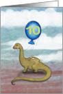 10 Year Old Birthday Card Dinosaur holding Big Blue Balloon card