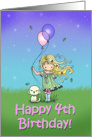 4 Year Old Birthday - Little Girl and Dog Holding Balloons card