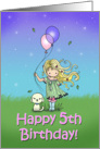 5 Year Old Birthday - Little Girl and Dog Holding Balloons card