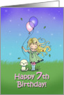 7 Year Old Birthday - Little Girl and Dog Holding Balloons card