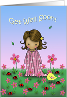 Get Well Soon - Little Girl with Ladybugs and Flowers card