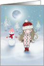 Christmas Card - Little Girl and Snowman on Magical Night card