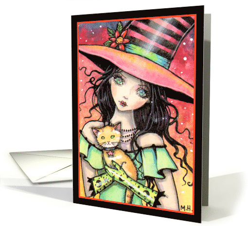 Witch with Peaches - Halloween Witch and Orange Tabby Cat card