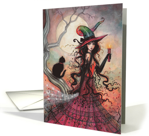 October Flame Halloween Witch and Black Cat Art card (1635430)