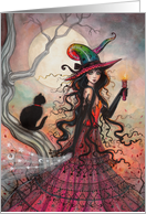 October Flame Halloween Witch and Black Cat Art card