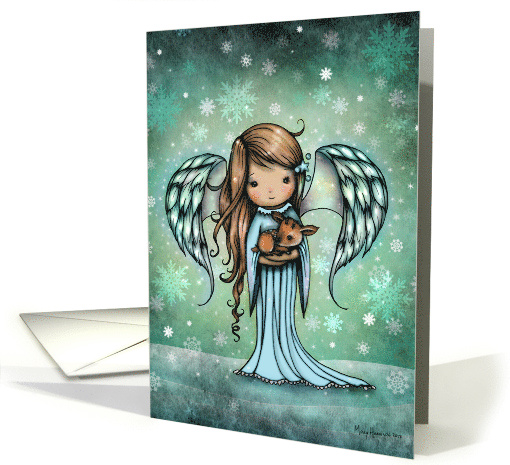 Sweet Angel Holding Fawn in Falling Snowflakes Happy Holidays card