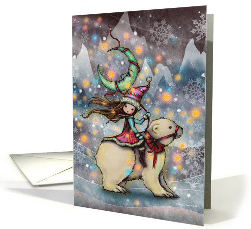 Little Christmas Elf Girl Riding Polar Bear Happy Holidays card