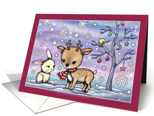 Cute Winter Animals Christmas Card Deer with Bunny and Bird card