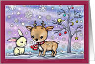 Cute Winter Animals Christmas Card Deer with Bunny and Bird card