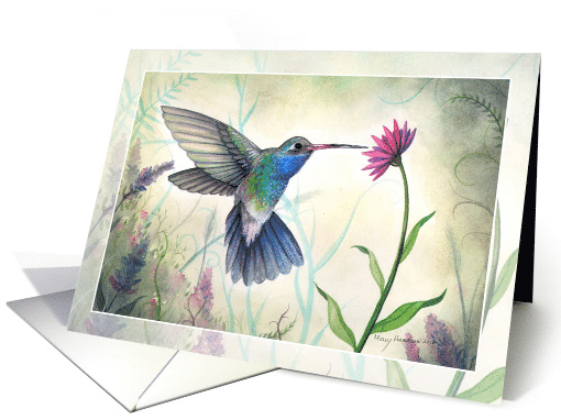 Sweet Nectar Hummingbird with Flower Watercolor Thank You card