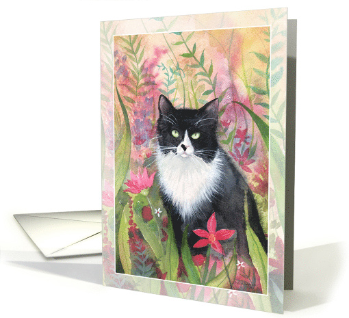 Tuxedo Cat in Colorful Garden Thank You card (1637378)