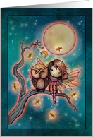 Whimsical Fairy, Owl and Fireflies All Occasion Blank card