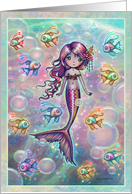 Little Pink Whimsical Mermaid with Fish Fantasy Art Any Occasion Blank card