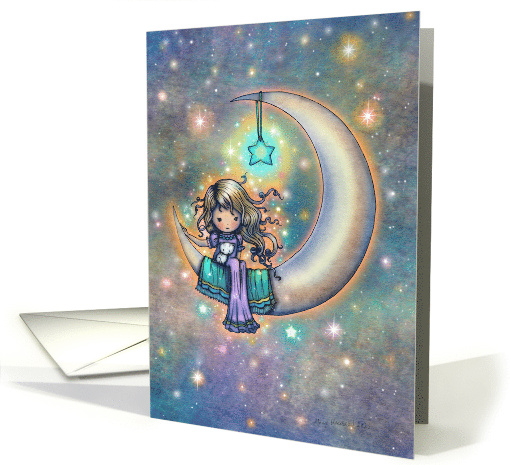 Cute Little Girl with Kitty on Crescent Moon Thinking of You card