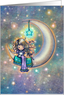 Cute Little Girl with Kitty on Crescent Moon Thinking of You card