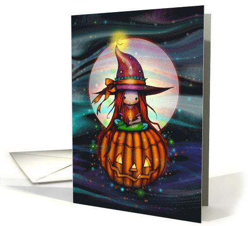 Halloween Night Cute Witch on Pumpkin Floating By Moon card (1641234)