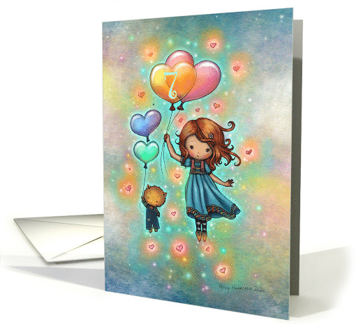 Seven Year Old Birthday Little Girl with Kitty and Heart Balloons card