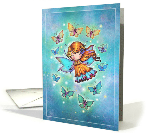 Thinking of You Fairy Among Butterflies in Blue and Green card