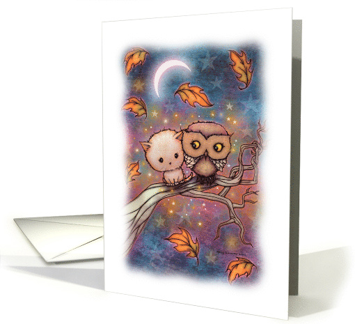 A Cat and an Owl Cute Illustrated Art by Molly Harrison card (1742540)