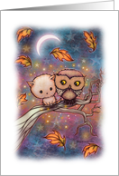 A Cat and an Owl Cute Illustrated Art by Molly Harrison card