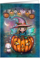 Little Witch Fairy in Jack-o-Lantern with Cat Friend card