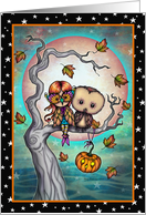 Cute Owl and Girl in Owl Mask Halloween Art card