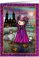 Violet Little Vampire with Haunted House Owl and Cat card