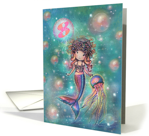 8th Birthday for Little Girl Cute Mermaid with Jellyfish card