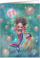 11th Birthday for Little Girl Cute Mermaid with Jellyfish card