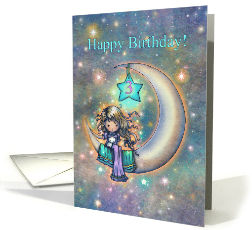 3rd Birthday Little Girl Sitting on the Moon with White Kitten card
