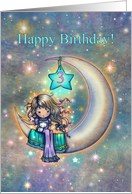 3rd Birthday Little Girl Sitting on the Moon with White Kitten card